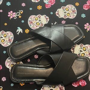 Amazon Essentials Women’s Black Cross Strap Slide Sandals – Size 9M